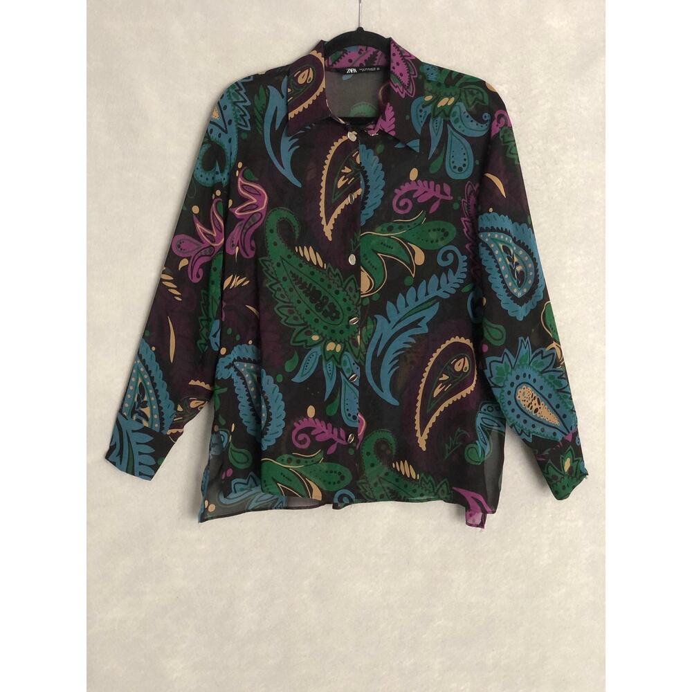 Zara Button-Up Top Women's Medium Long Sleeve Sheer Paisley